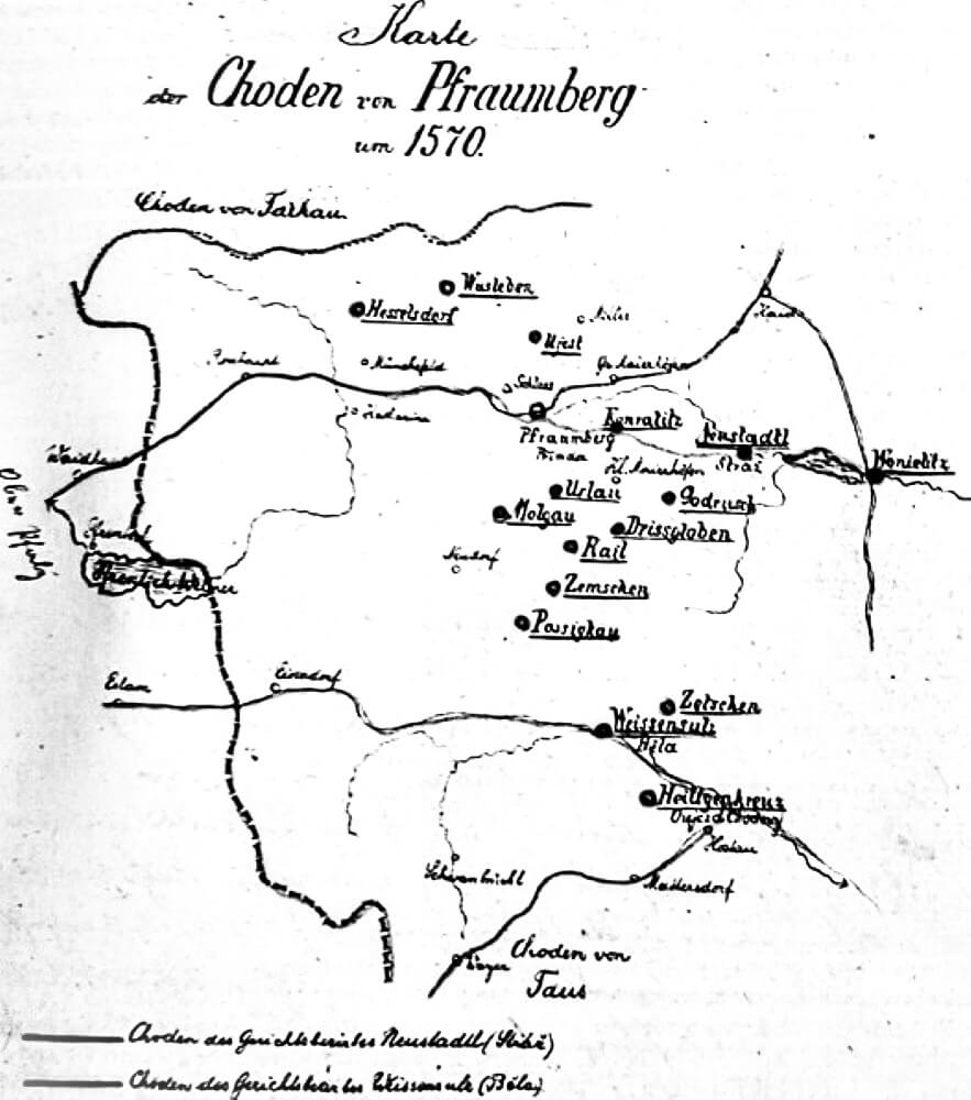 Mapa vesnic přimdských Chodů k roku 1570. 